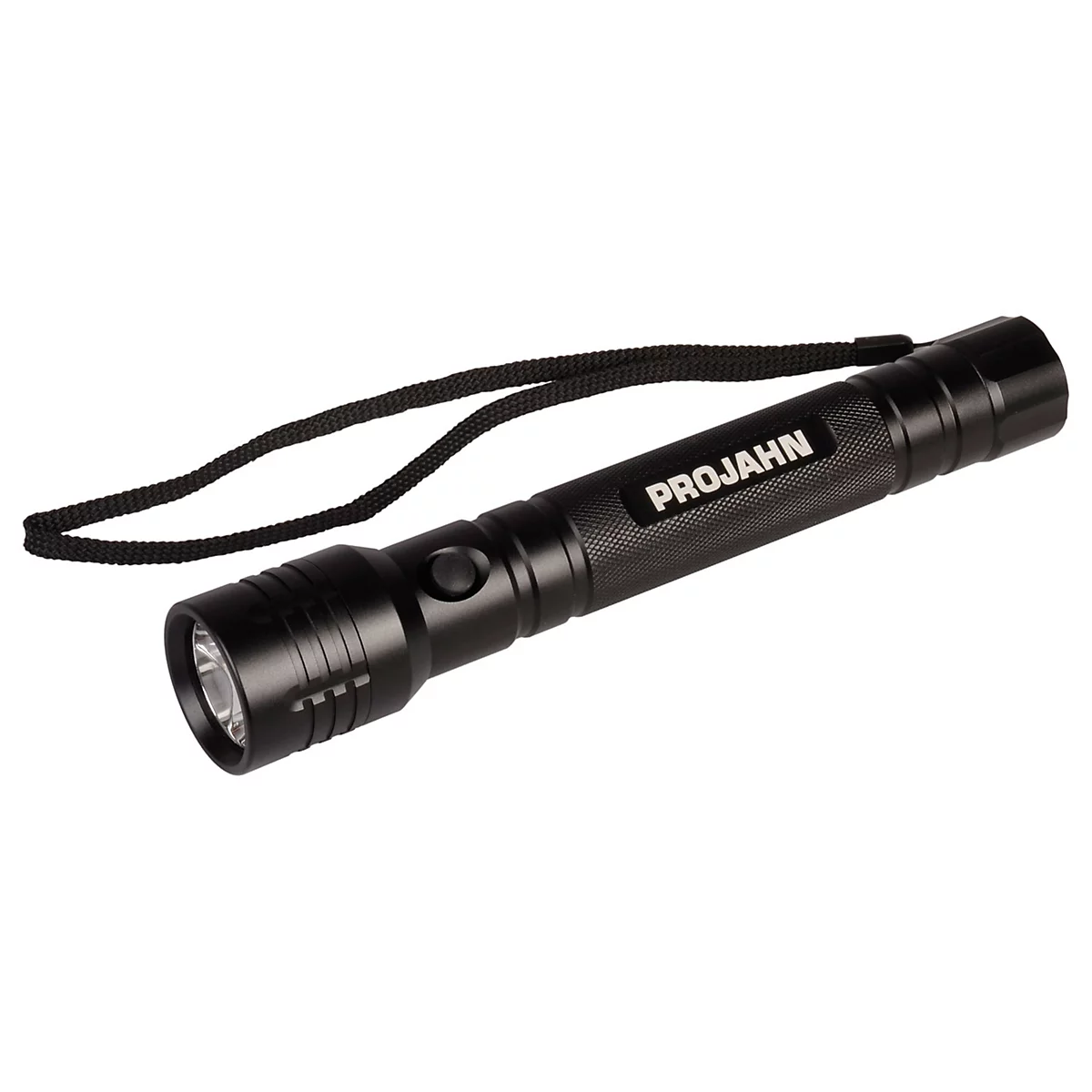 Schwarze Taschenlampe mit Schriftzug PROJAHN und Handschlaufe. Auf weißem Hintergrund.