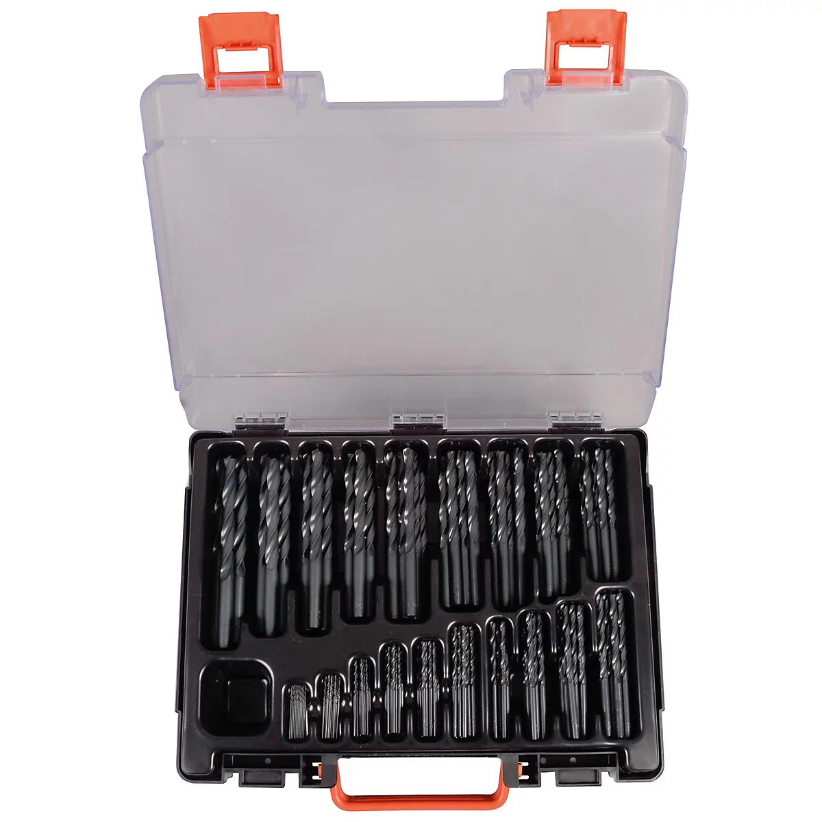 Une boîte à outils ouverte contenant plusieurs mèches de différentes tailles. Le couvercle est transparent, la boîte est noire et orange.