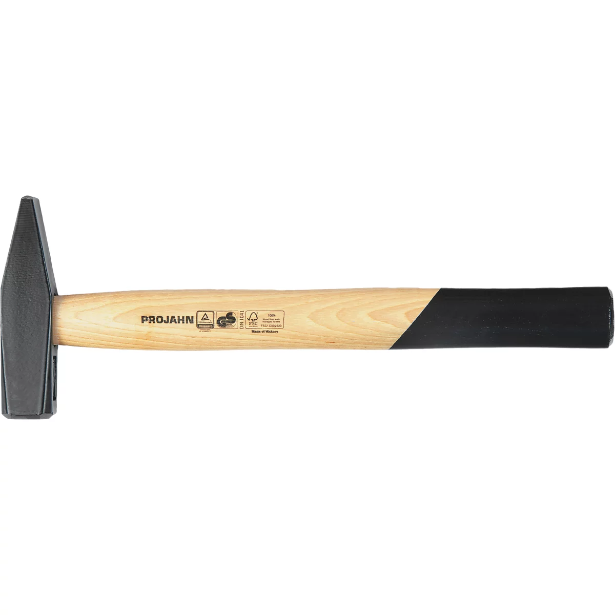 Un marteau de charpentier avec un manche en bois et une tête de marteau noire. La poignée a une zone noire. PROJAHN est imprimé sur le manche en bois.