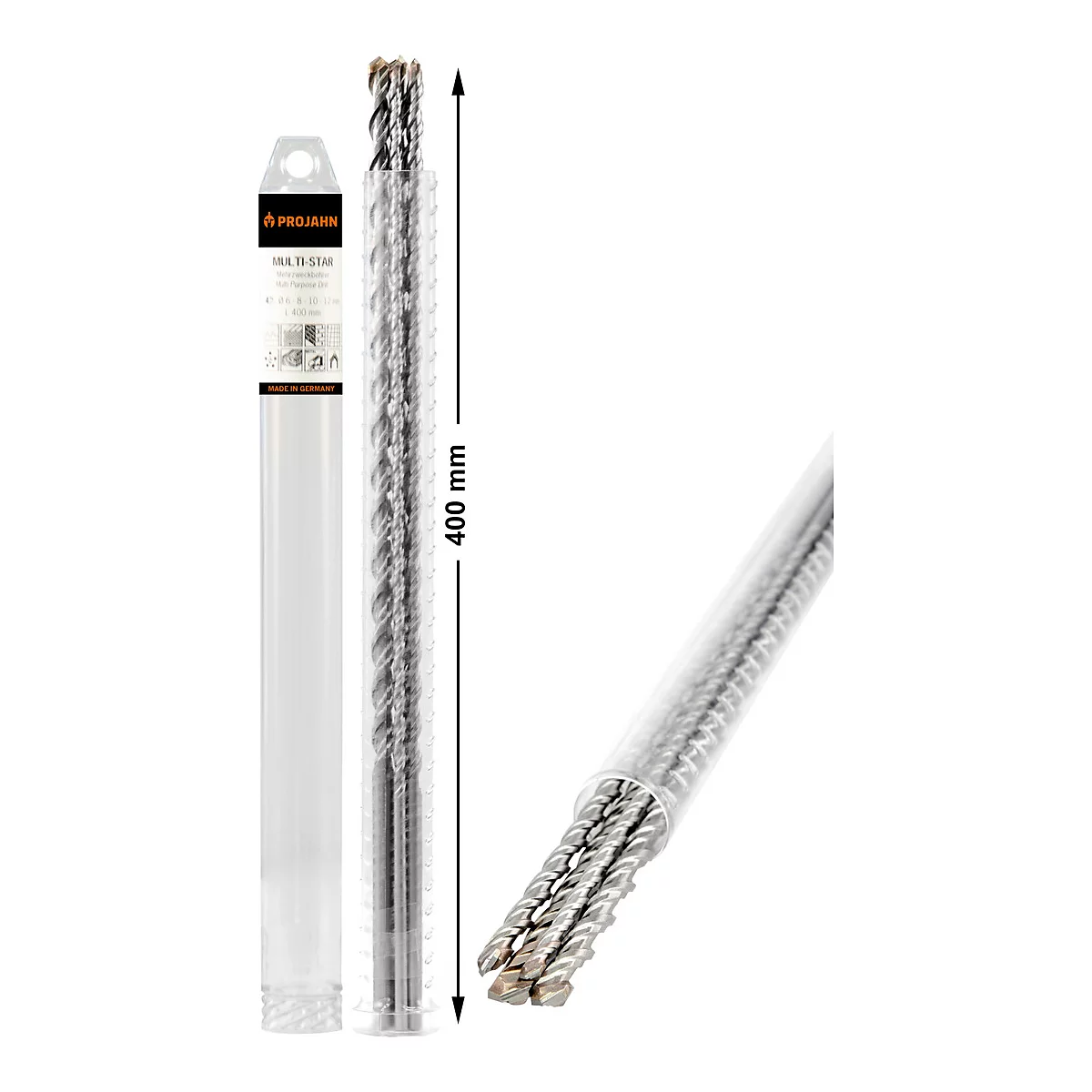 Mehrzweckbohrer-Set in transparenter Verpackung. Ein Pfeil zeigt die Länge von 400 mm an. Mehrere Bohrer sind von innen sichtbar.
