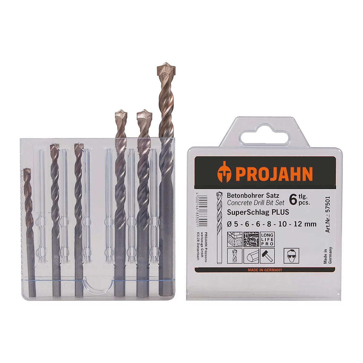 Zes betonboren in een transparante plastic container. Daarnaast een verpakking met logo en productinformatie.