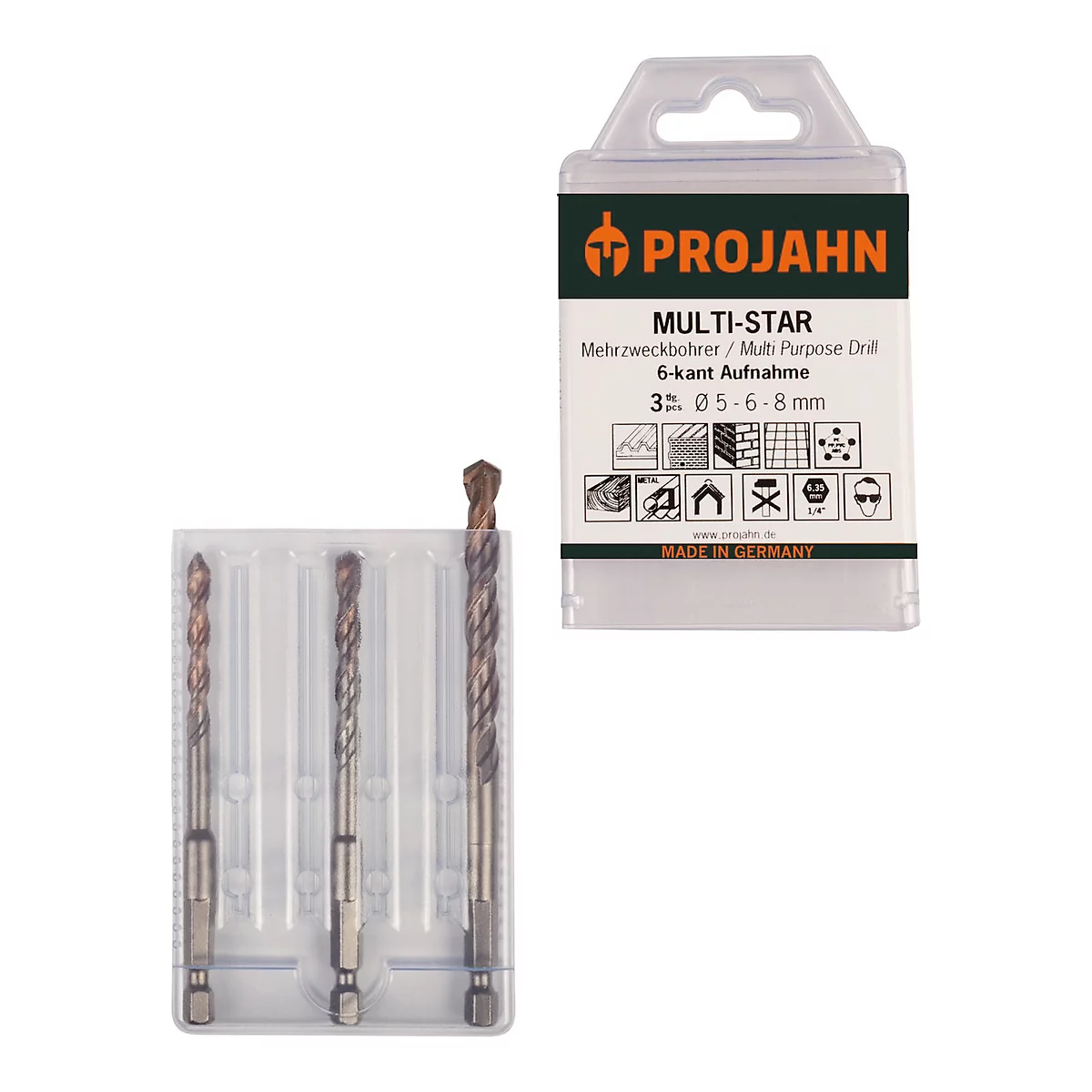 Multifunctionele boorset met verpakking, voorzien van het label PROJAHN MULTI-STAR. De boren zijn gerangschikt in een plastic behuizing.