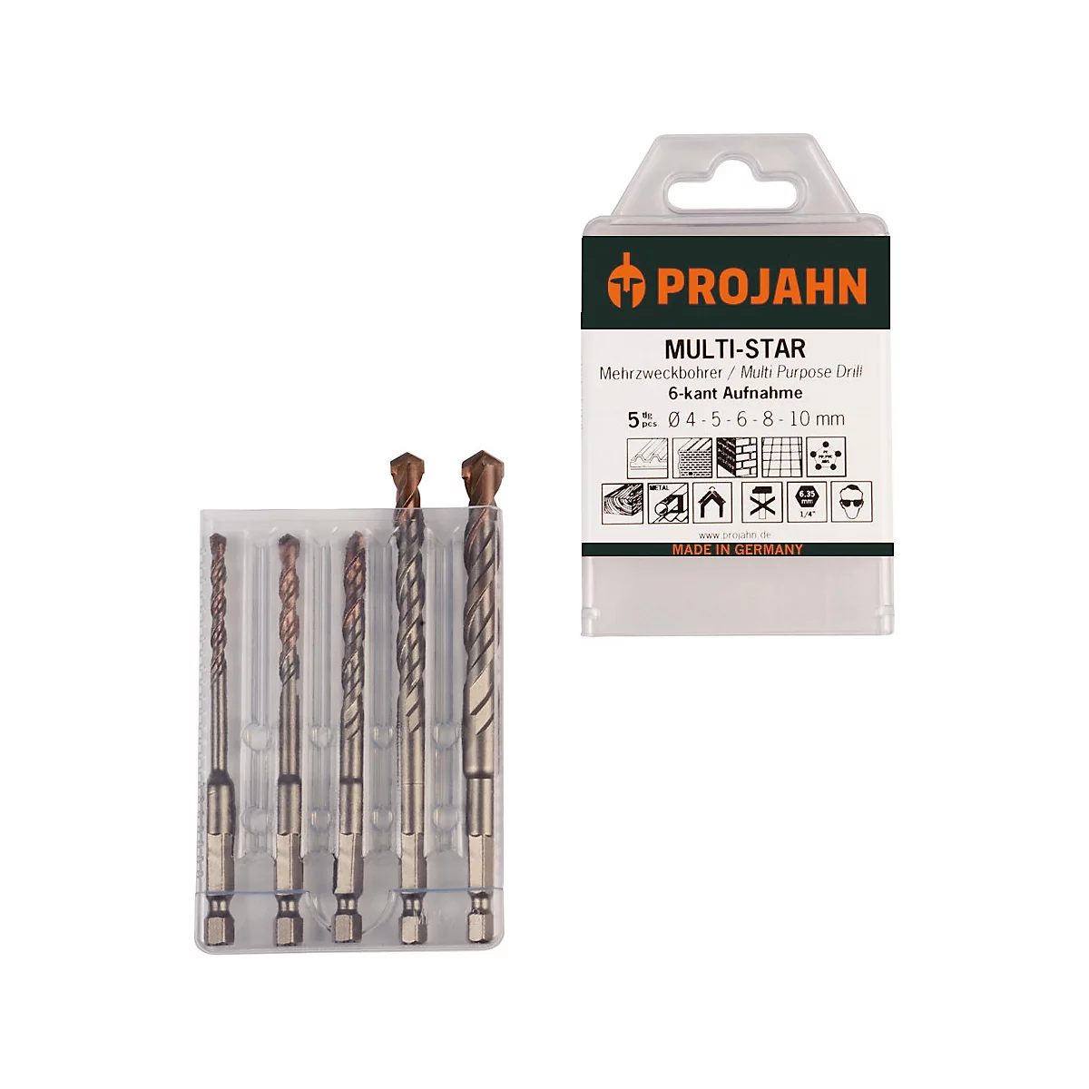 Set van multifunctionele boren met verpakking, vijf boren, productnaam en technische gegevens.