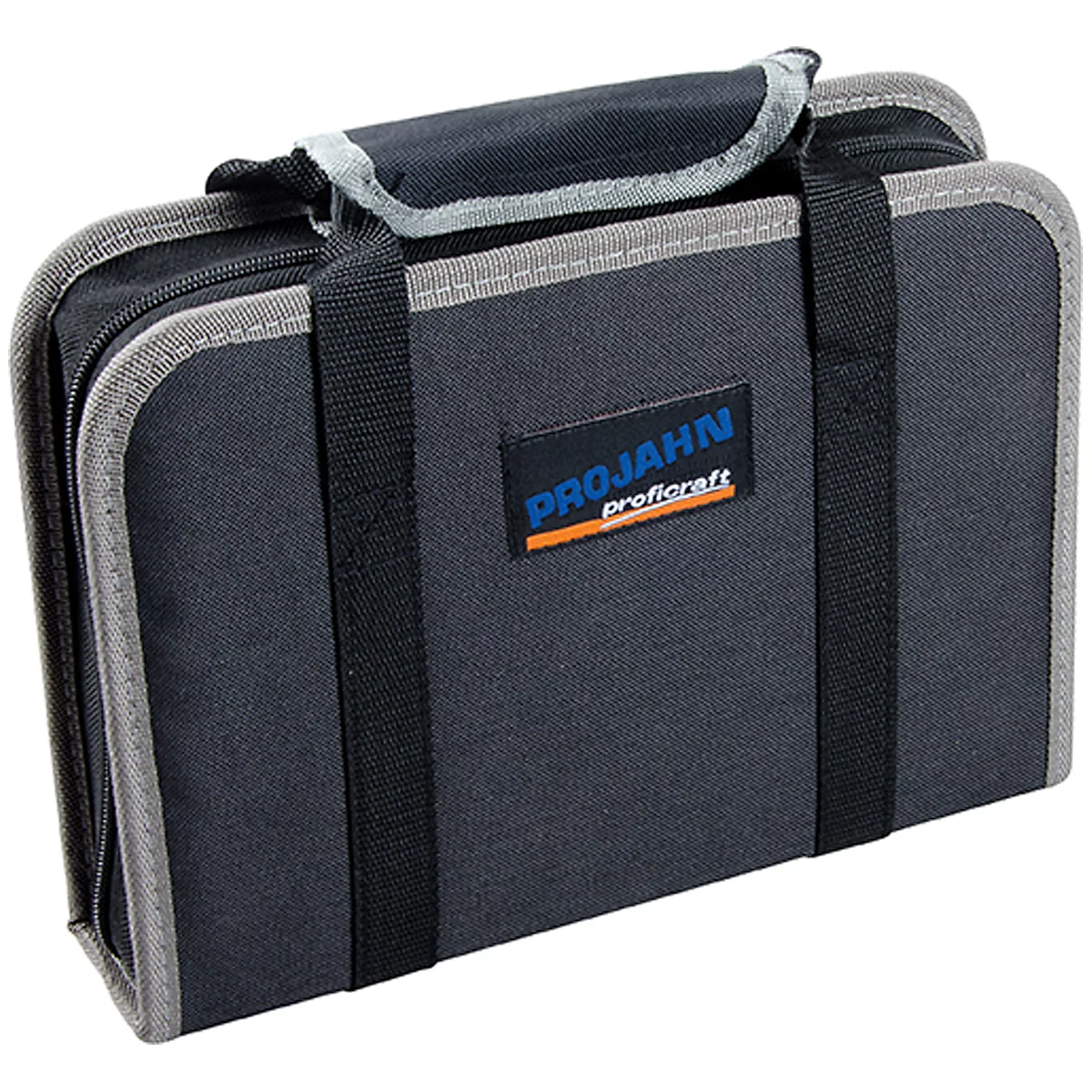 Dark grey tool bag with handles. Black straps and grey edging. Sticker with company logo.