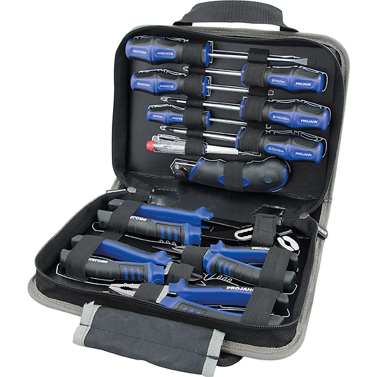 Open toolbox with screwdrivers and pliers, blue and black. Handles bear the inscription PROJAN.