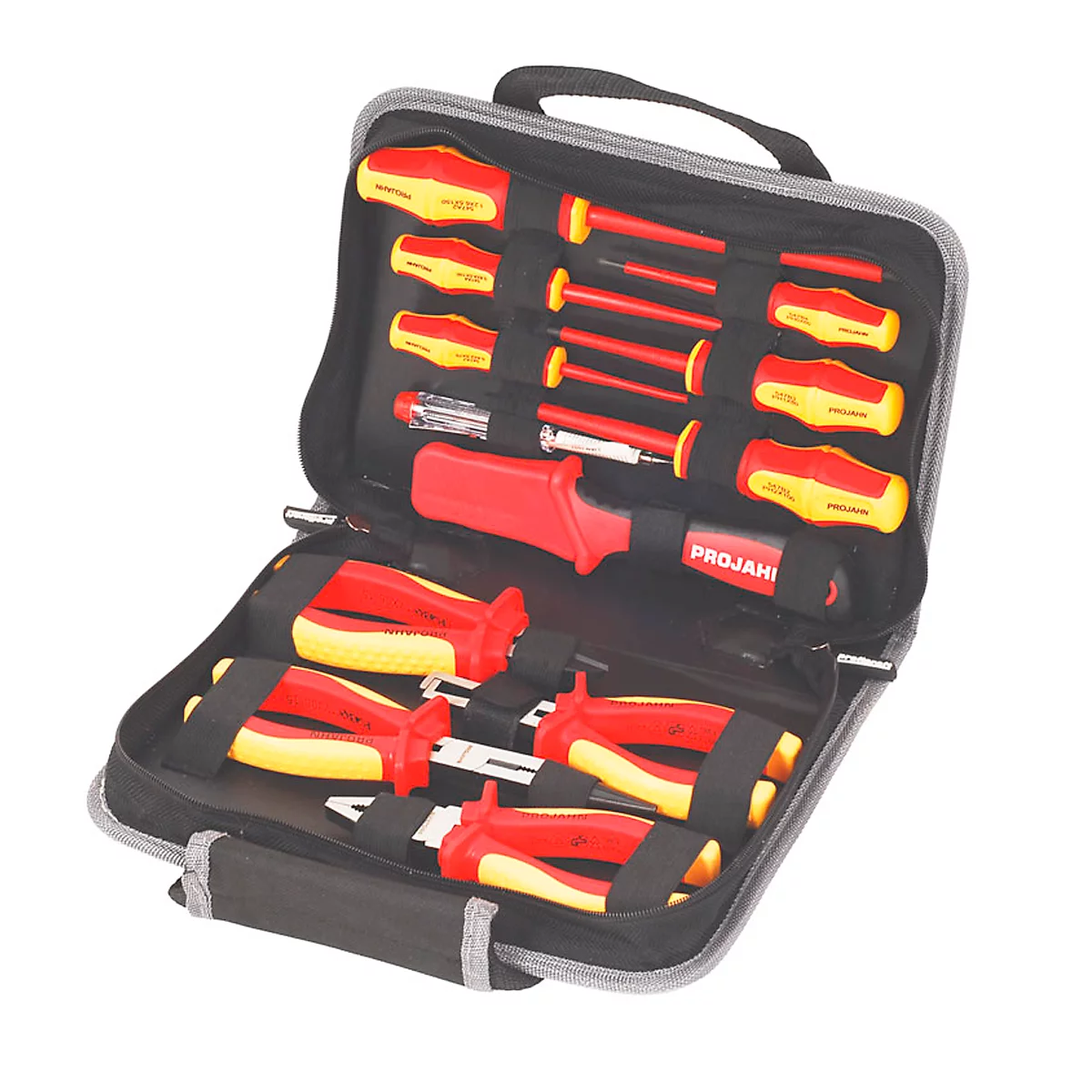 Tool case with red and yellow screwdrivers and pliers, with the inscription PROJAHI.