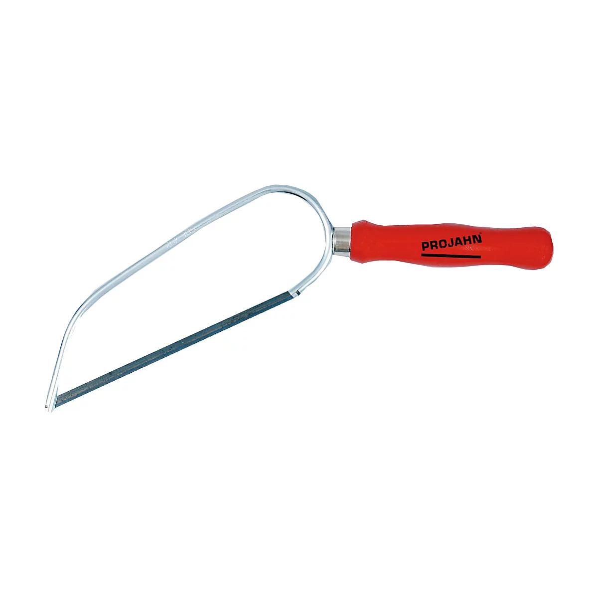 Een figuurzaag met een rode handgreep, zilverkleurig frame en zwart zaagblad. Op de handgreep staat "PROJAHN".