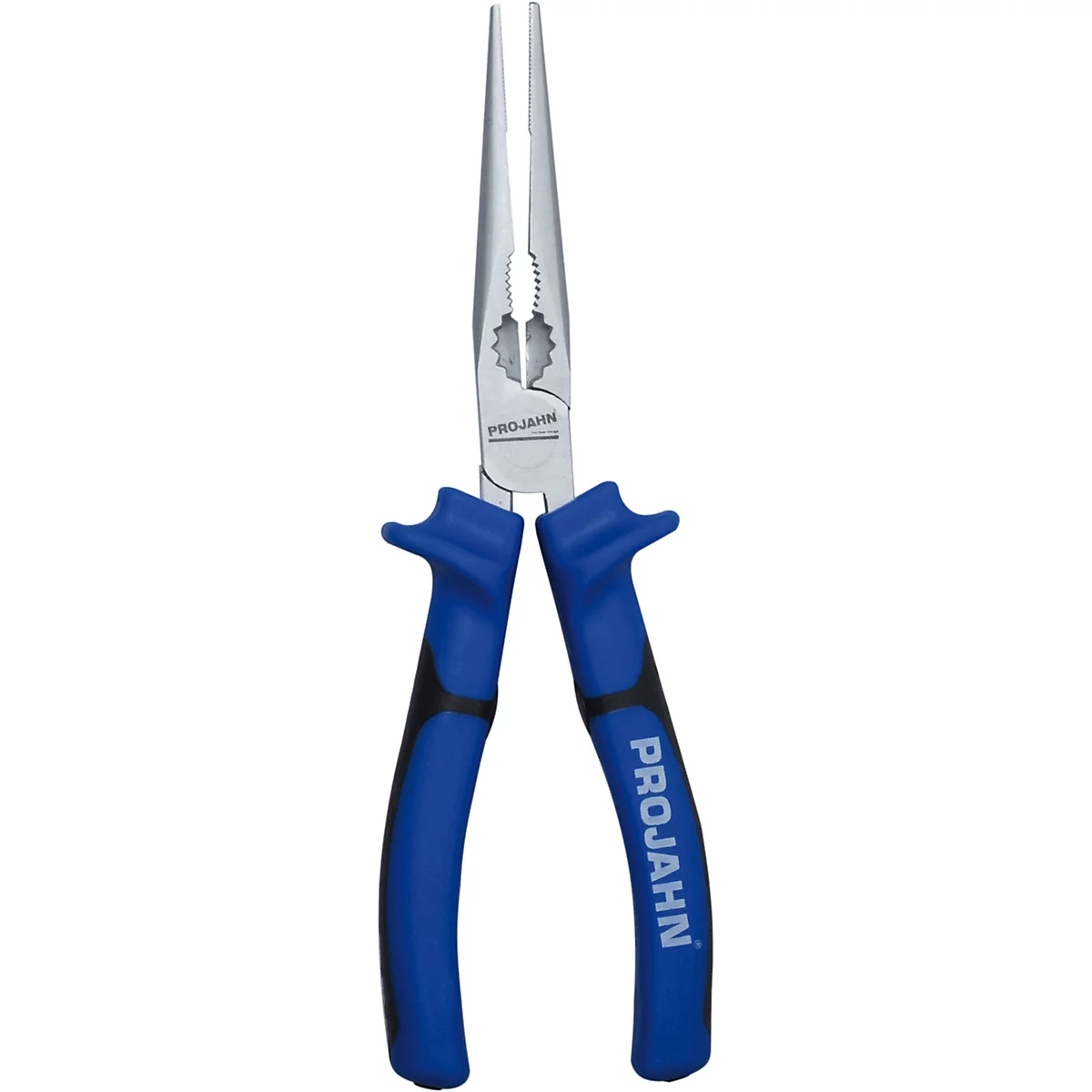 Lange, zilveren tang met blauwe handgrepen en de tekst 'PRO JAHN'.