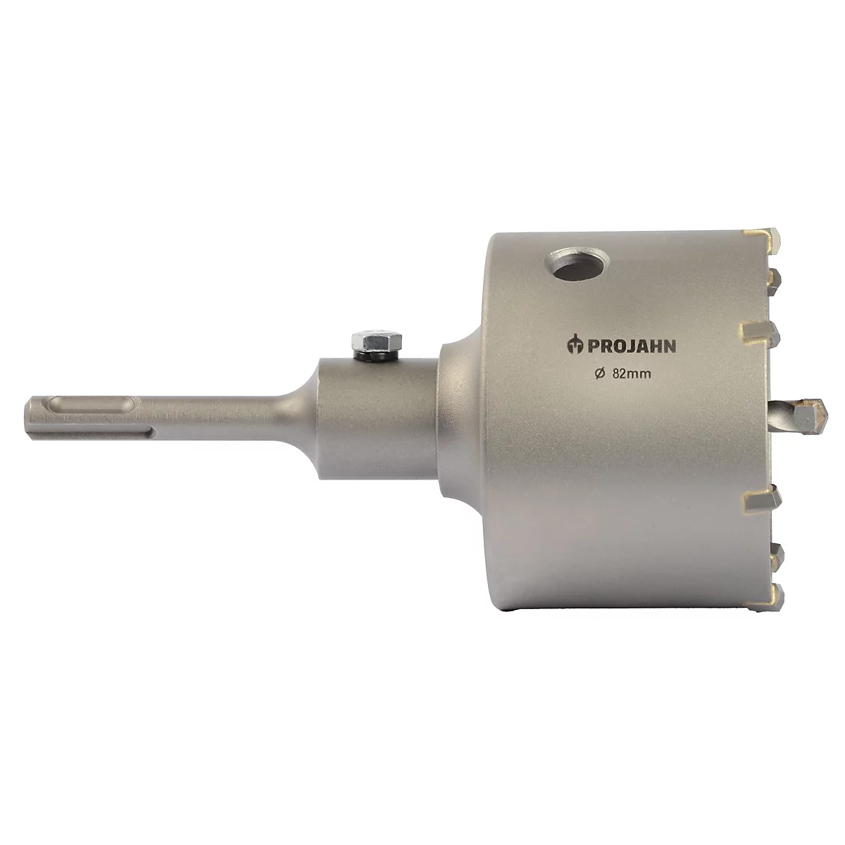 Bohrkopf aus Metall, silberfarben, mit der Aufschrift PROJAHN ø 82mm. Eine Schraube fixiert den Bohrer.