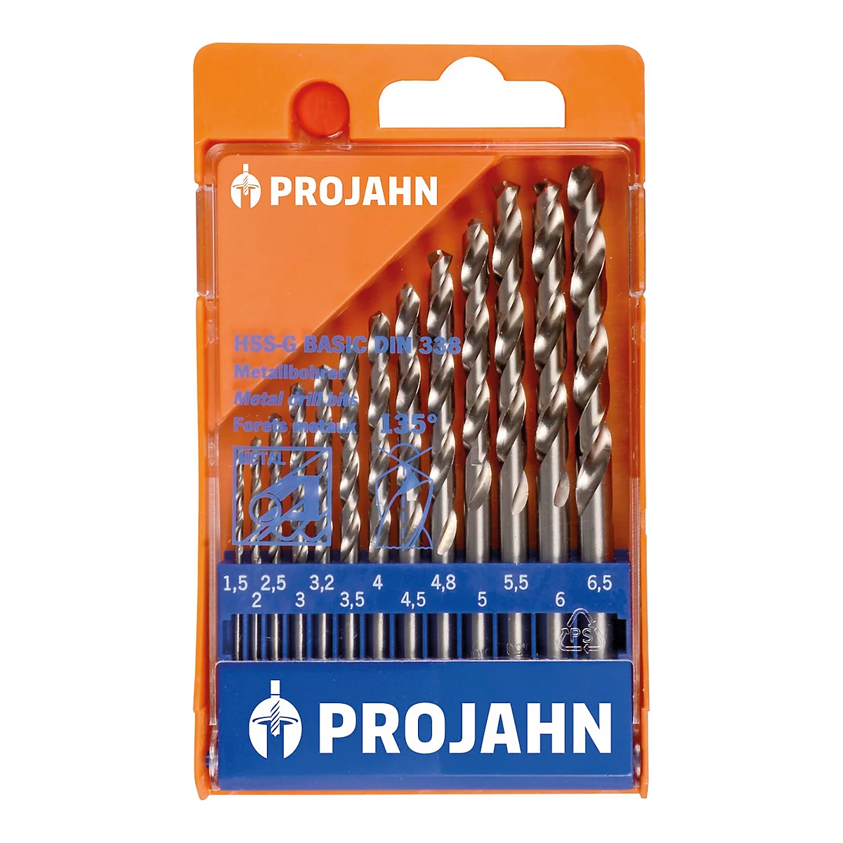 Een set metalen boorbits in een transparante plastic verpakking, met de maten erop.