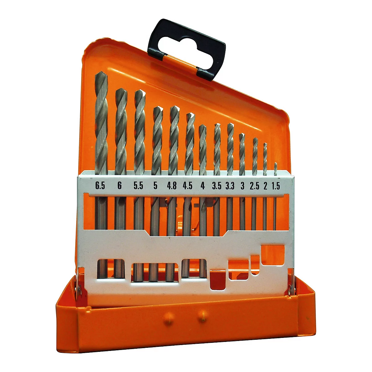 Een set boorbits van verschillende maten in een oranje plastic koffer met een handvat. Op de koffer staat de maat van de boorbits.