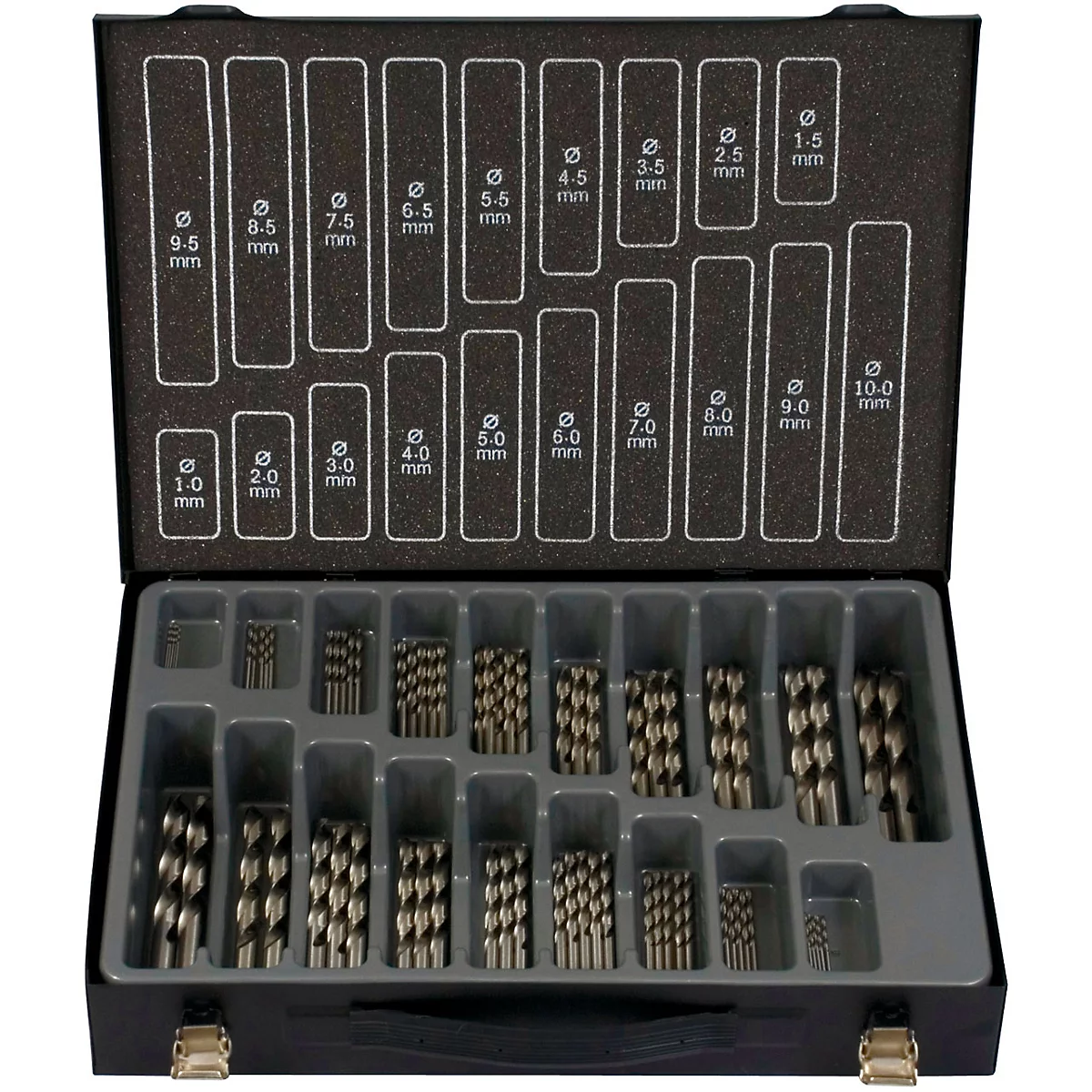 Borenset in zwarte doos. Bovenop labels met maten in mm.