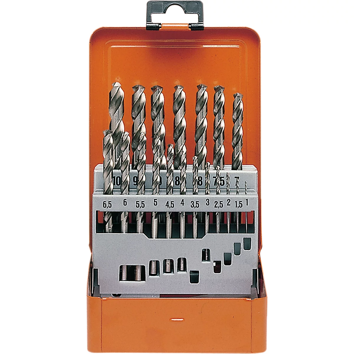 Borenset in een oranje metalen doos. Boren in verschillende maten, gerangschikt in een grijze plastic houder. Gedrukte nummers geven de boormaten aan.