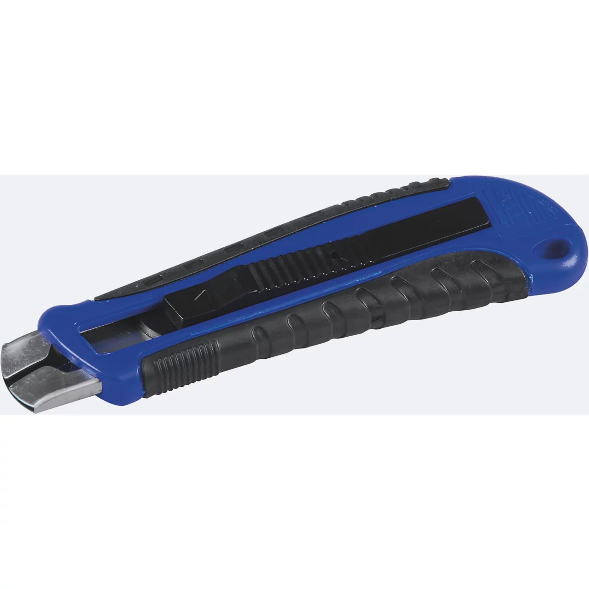 Blau-schwarzes Teppichmesser, mit schwarzem Griff und silberner Klinge. Detailaufnahme.