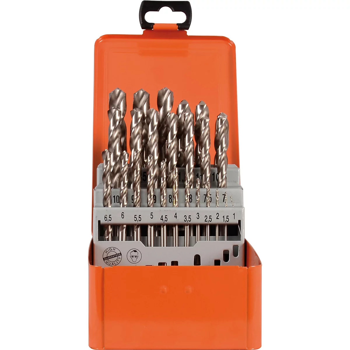 Borenset in een oranje doos, met maatmarkeringen.