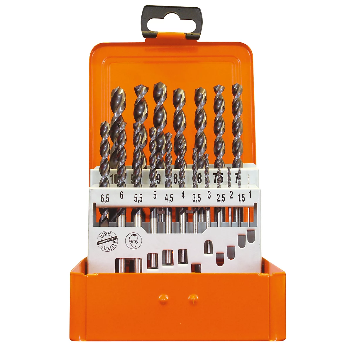 Een set metalen boorbits in een oranje doos. Verschillende maten zijn in een rij gerangschikt en gelabeld.