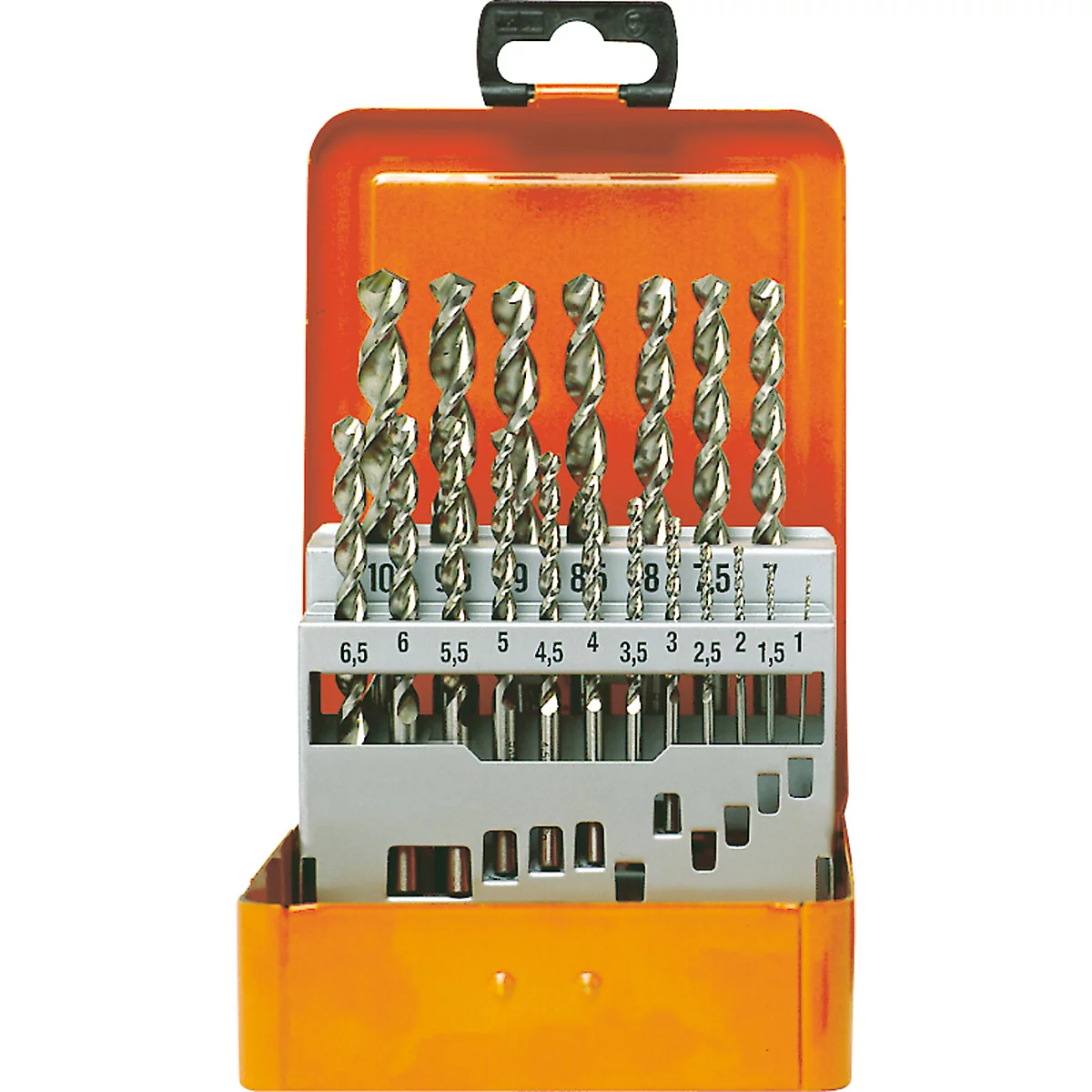 Borenset in een oranje metalen doos. Boren zitten in een houder met maatmarkeringen. Een handvat is zichtbaar aan de bovenkant.