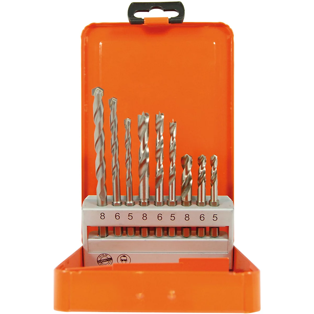 Orangener Werkzeugkasten mit Bohreinsätzen, Reihe von Bohrern mit Größenangaben: 8, 6, 5.
