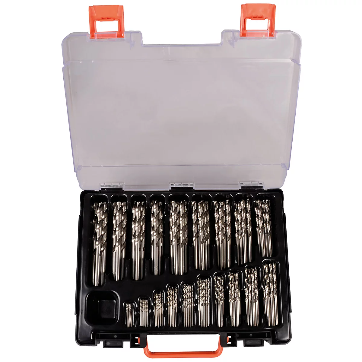 Bohrer-Set in einer schwarzen Box, offener Deckel, orangefarbener Griff und Scharniere.