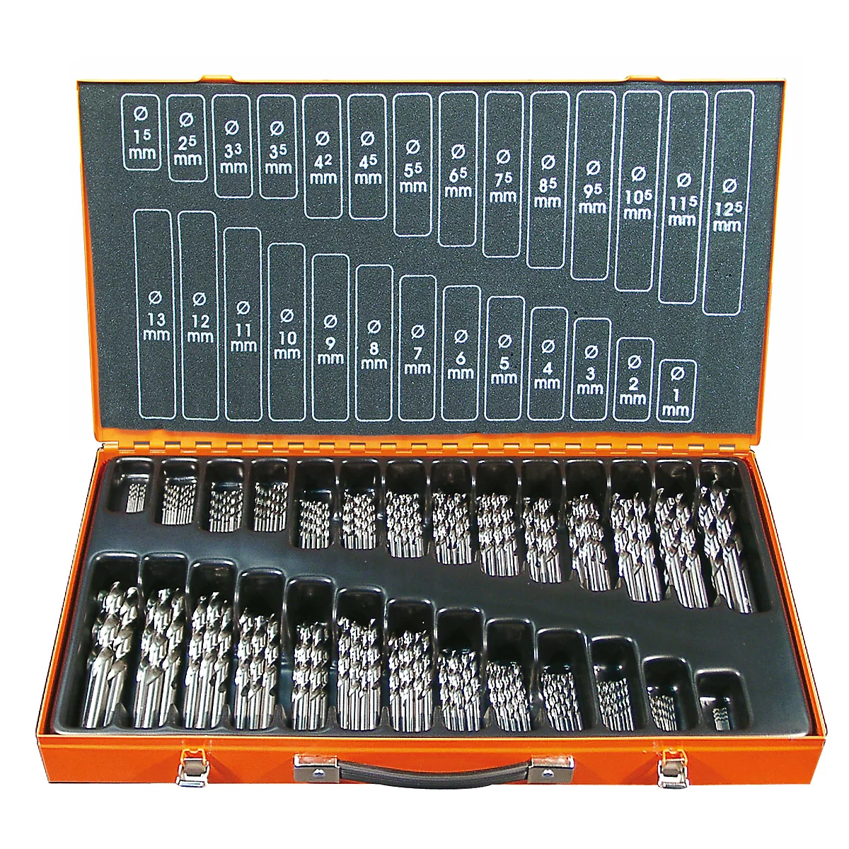 Orangener Werkzeugkasten mit vielen Bohrer-Aufsätzen verschiedener Größen.