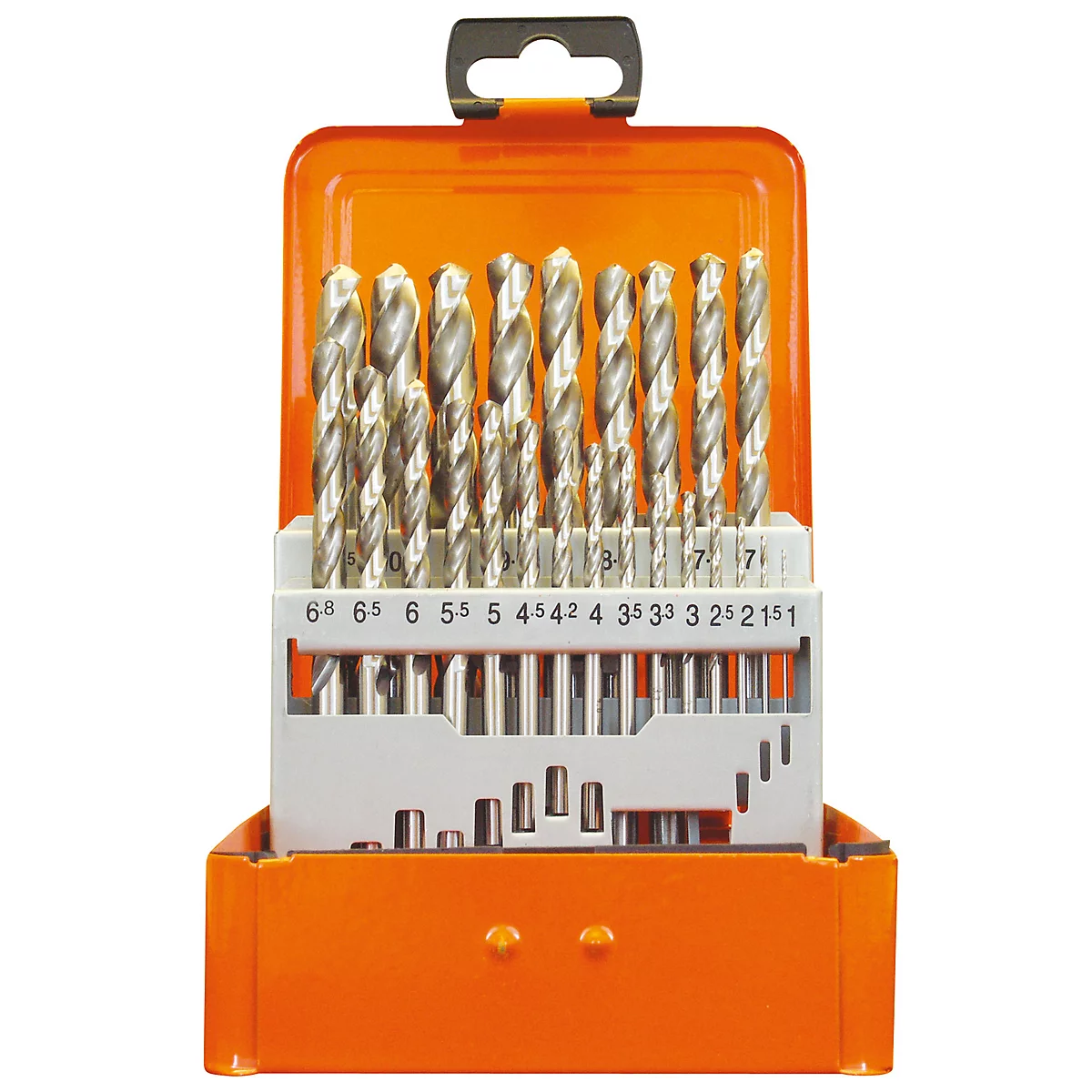 Bohrer-Set in orangefarbener Box. Bohrer sind in Größen geordnet.