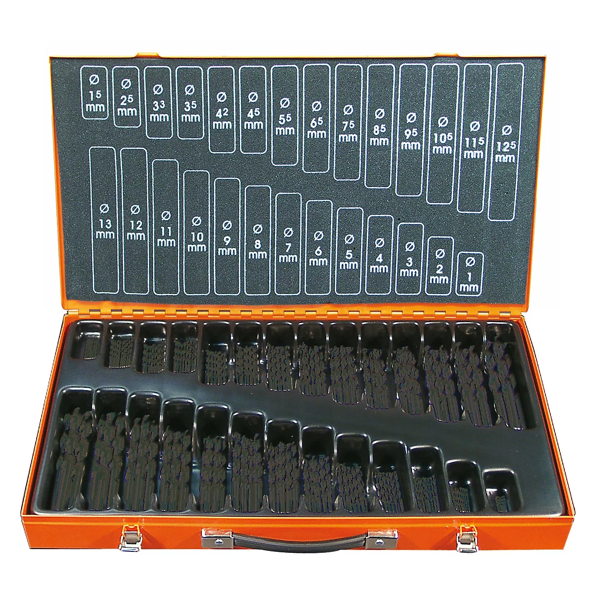 Oranger Werkzeugkasten mit Bohrer-Set, beschriftet mit mm-Größen. Schwarze Schaumstoffeinlage mit Aussparungen für die Bohrer.