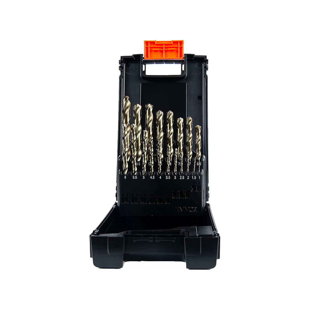 Schwarzer Werkzeugkasten mit goldenen Bohrern, geöffnet. Die Bohrer sind nach Größen sortiert, Zahlen sind lesbar. Orangefarbener Griff.