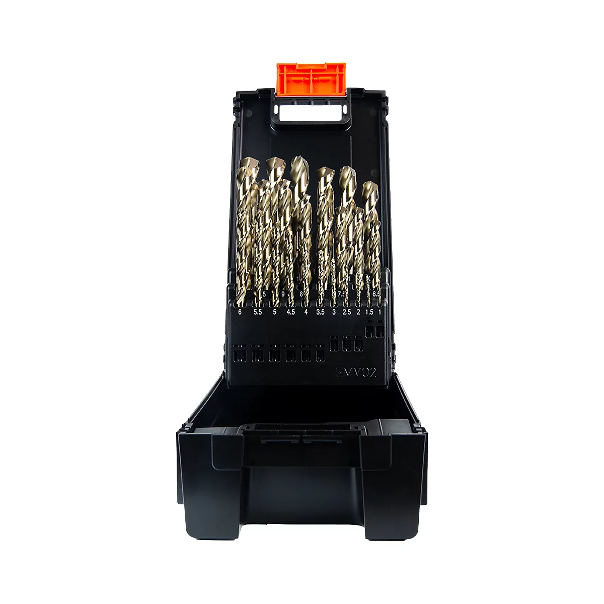 Bohrer-Set in schwarzer Box. Geöffnet mit Bohrer-Größenangaben. Orangefarbener Griff oben.