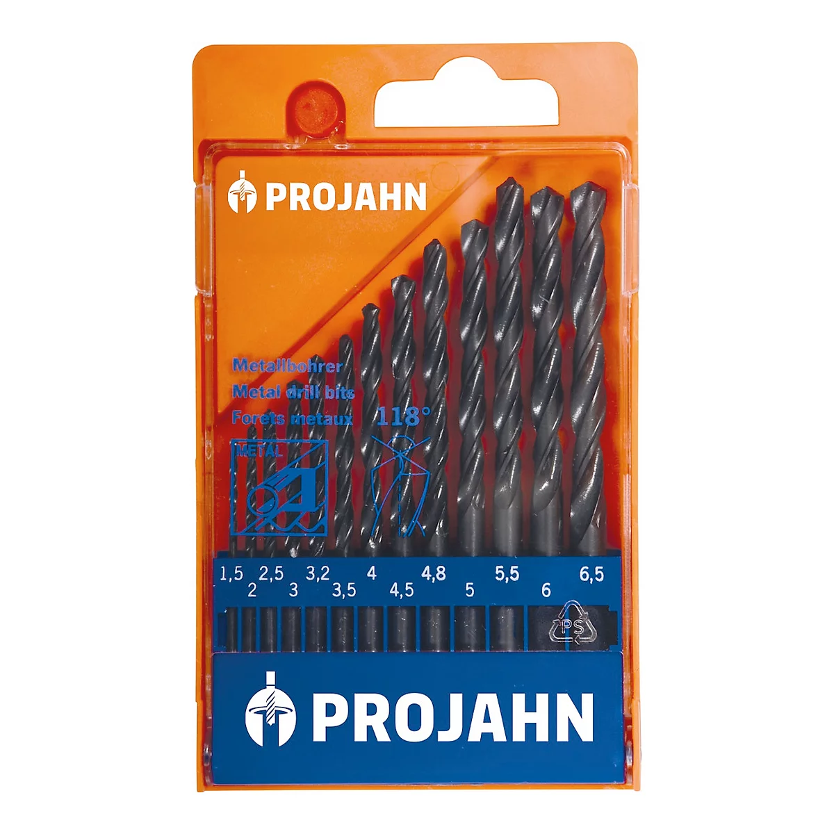 Bohrer-Set in Blisterverpackung. Schwarze Bohrer liegen in einer blauen Halterung, Größenangaben sind sichtbar. Der Markenname 'PROJAHN' ist prominent platziert.