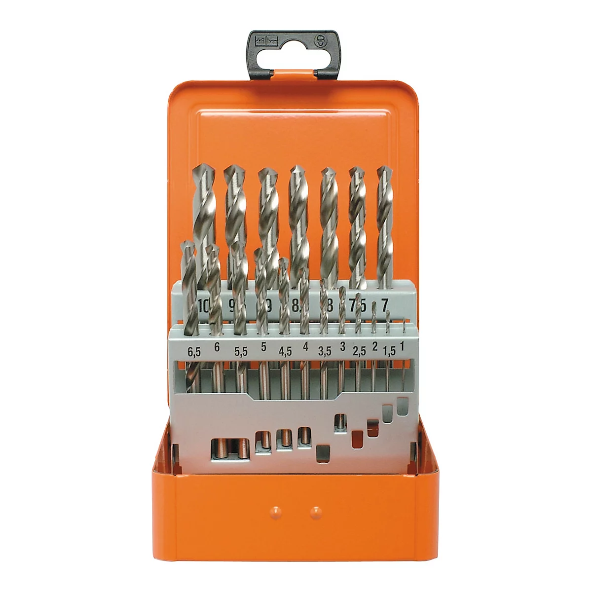 Bohrer-Set in orangefarbener Metallbox. Aufgereiht in einer grauen Halterung mit Größenangaben: 1 bis 10 mm.