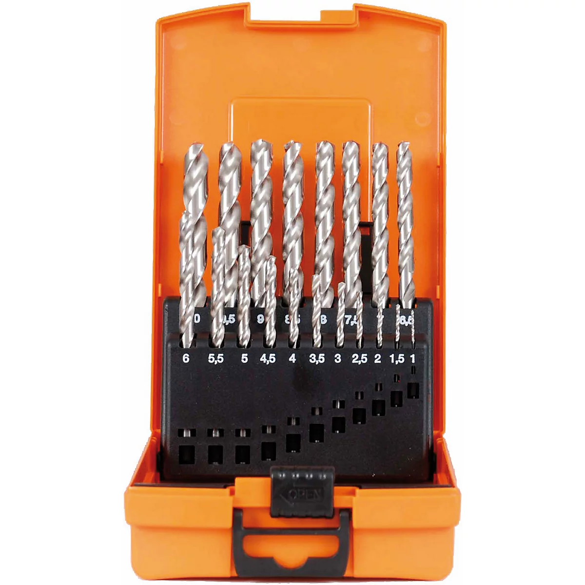 Bohrer-Set in orangefarbener Box. Bohrer sind in Größen von 1 bis 6 mm angeordnet.