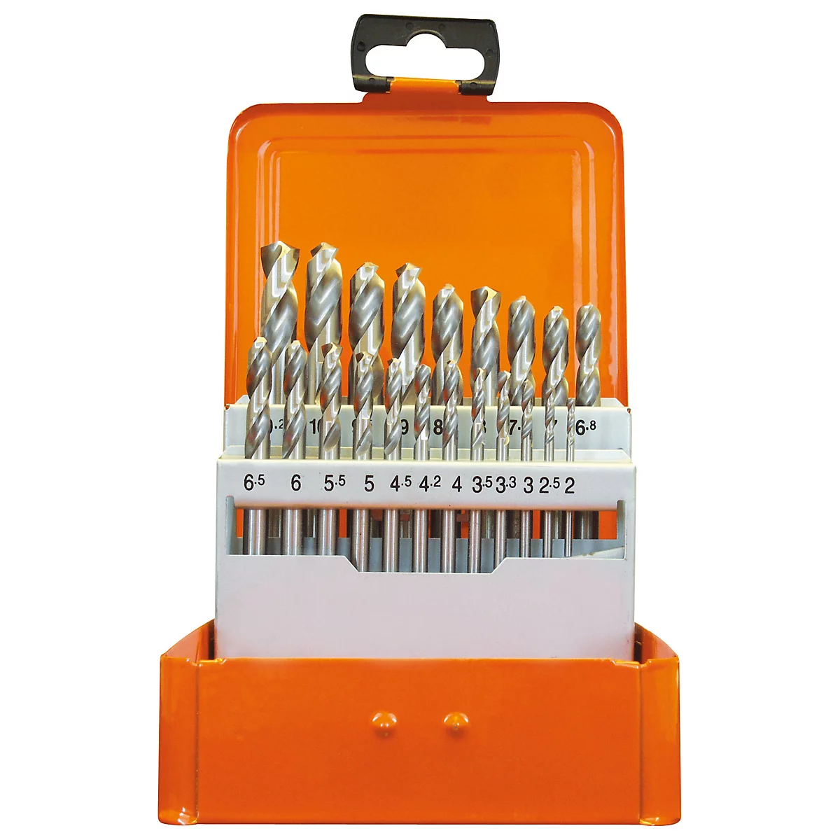 Bohrer-Set in orangefarbener Box. Bohrer sind in verschiedenen Größen angeordnet, beschriftet mit Zahlen.