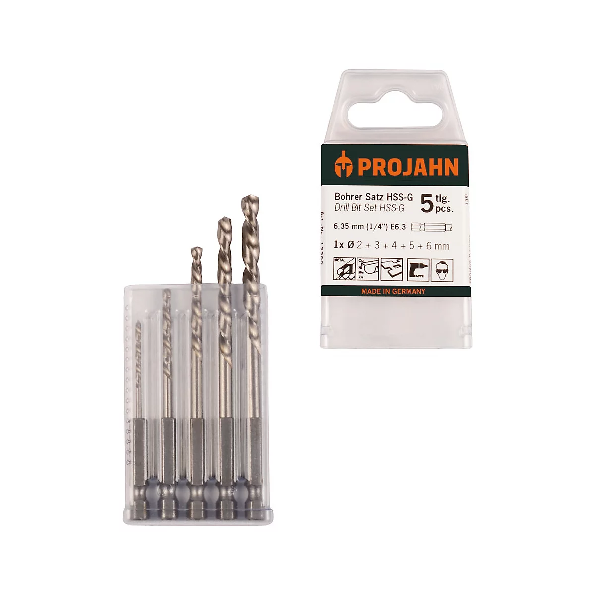 Bohrer-Set der Marke Projahn. Fünf Bohrer in einer Plastikverpackung, Beschriftung auf Deutsch und Englisch. "Made in Germany".