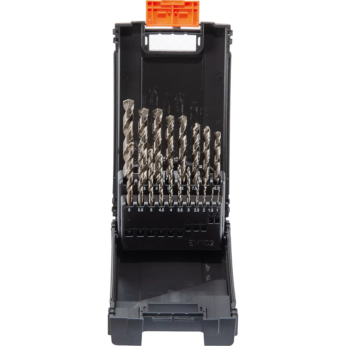 Bohrer-Set in schwarzer Box. Geöffnet mit Bohrer unterschiedlicher Größe, nummeriert.