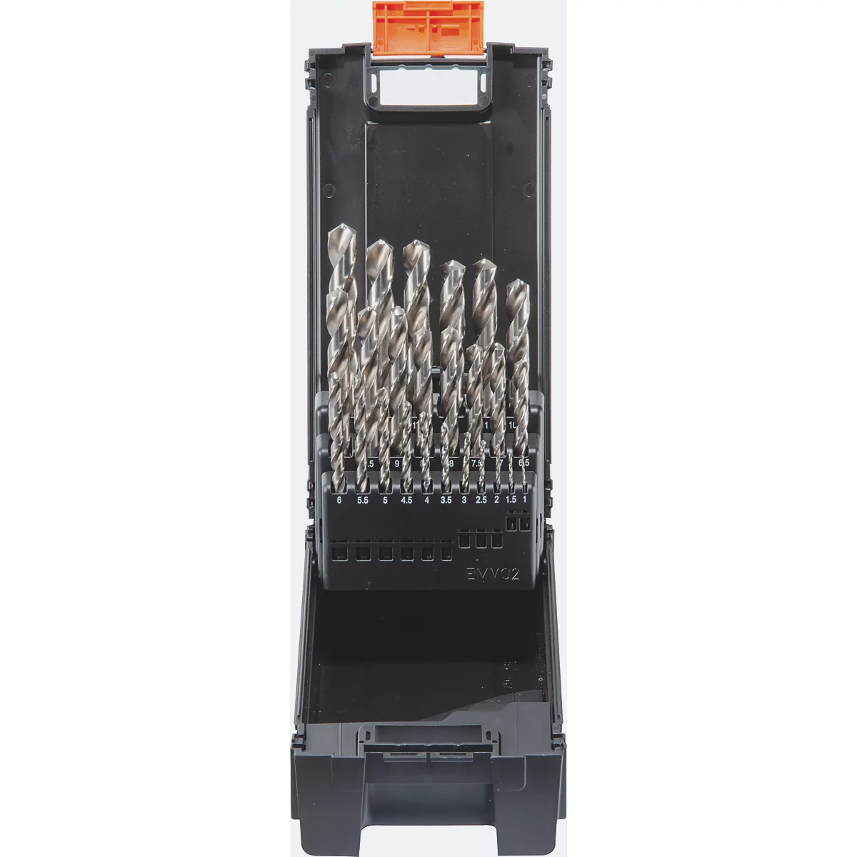 Bohrer-Set in schwarzer Box. Bohrer stecken in Halterung, Deckel orange.