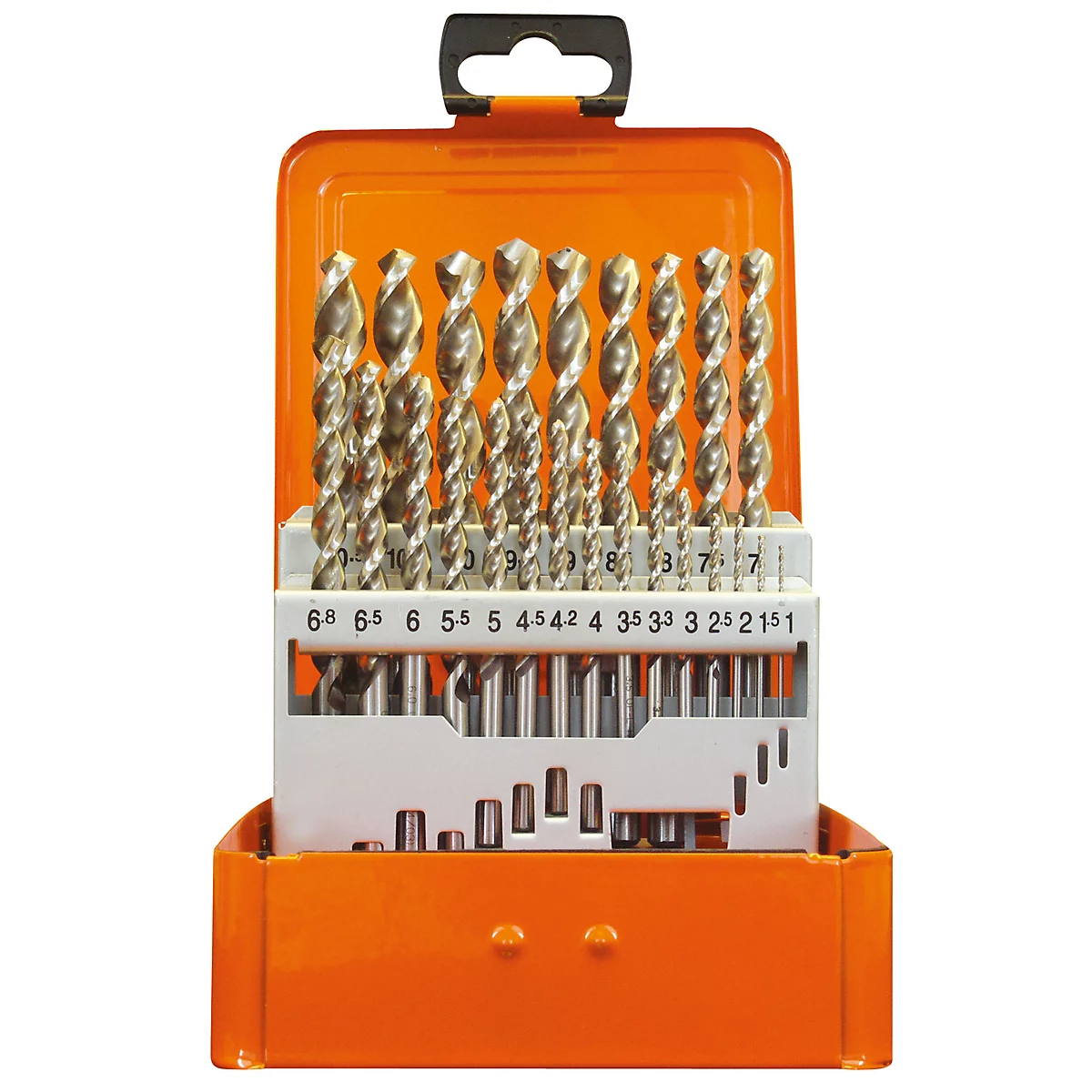 Bohrer-Set in orangefarbener Metallbox, Bohrer in verschiedenen Größen und Ziffern.