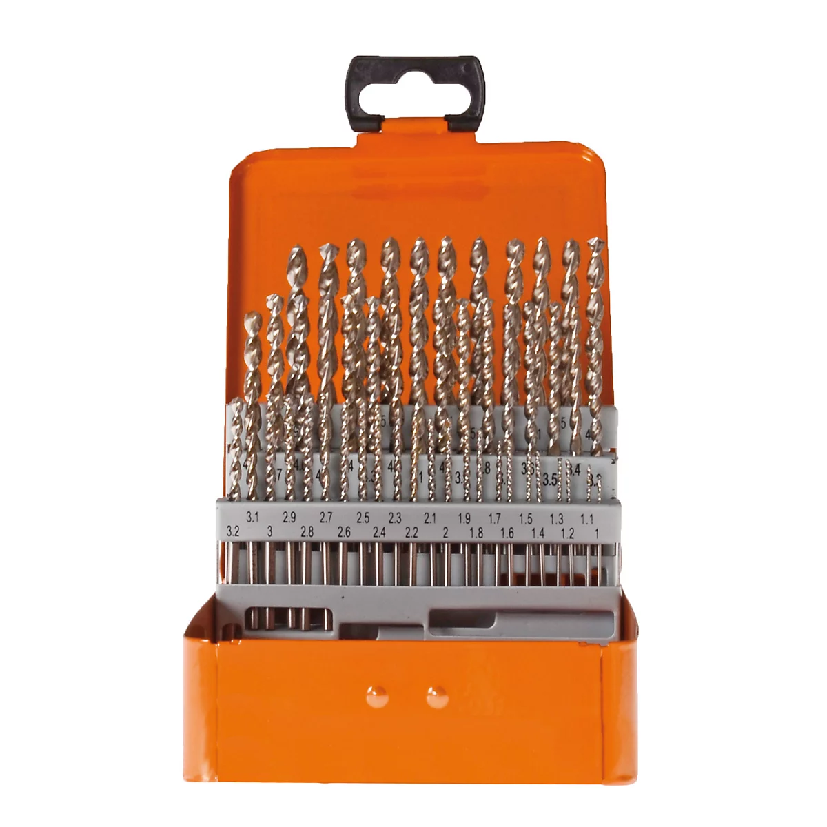 Orangene Bohrer-Box mit vielen Metallbohrern. Aufschrift mit Nummern.
