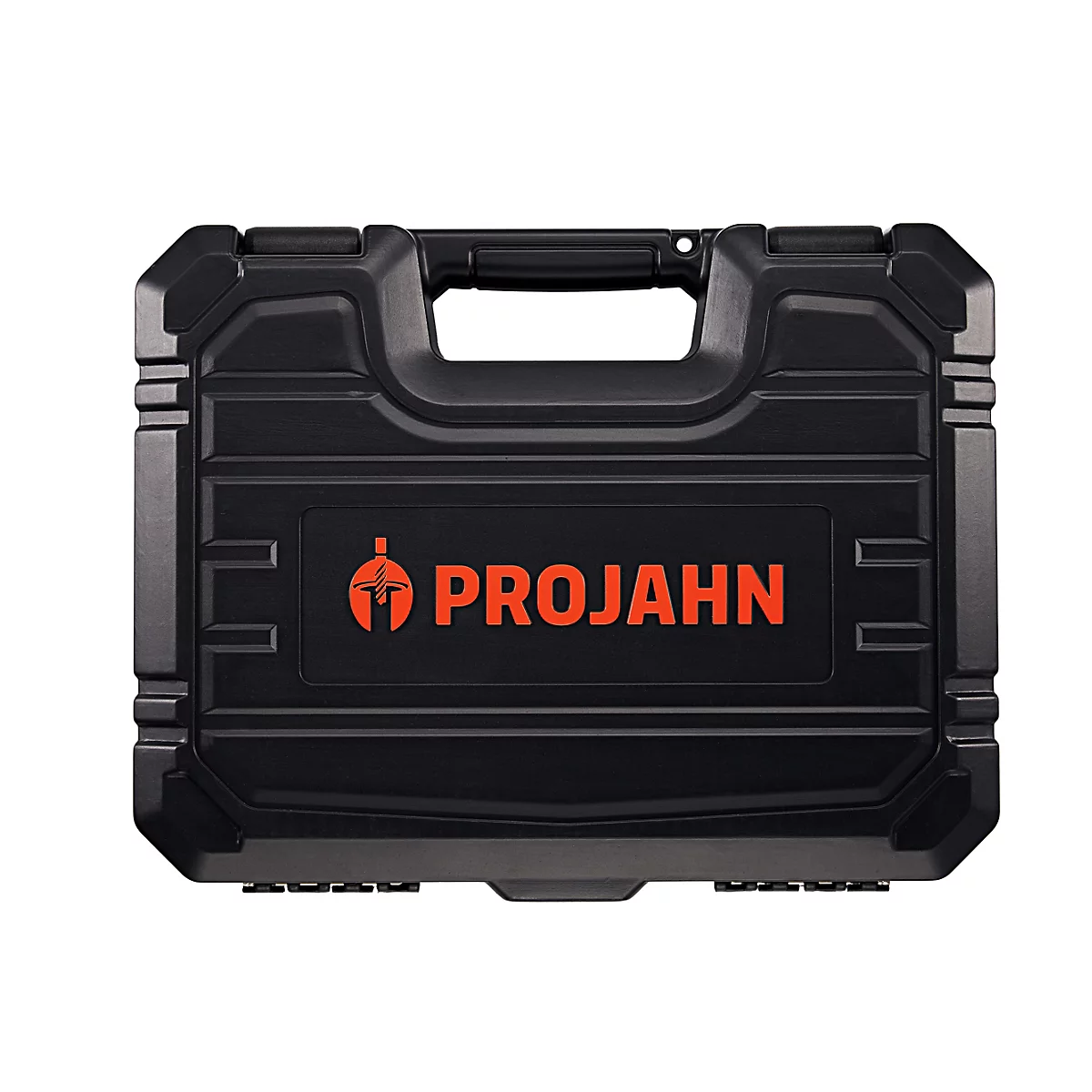Schwarzer Werkzeugkoffer aus Kunststoff mit orangefarbenem Projahn-Logo.