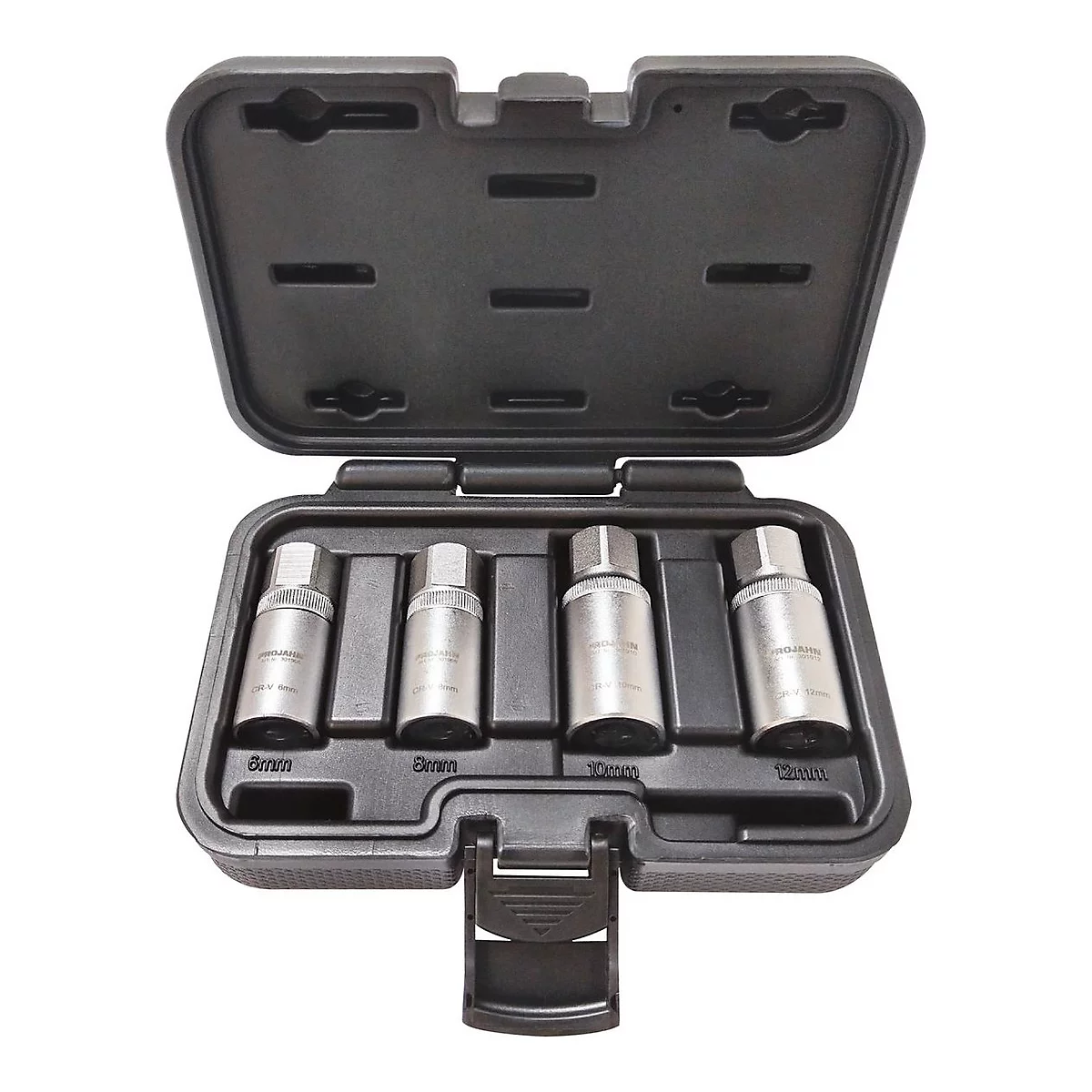 Schwarzer Werkzeugkoffer mit offenem Deckel. Darin liegen vier silberne Nüsse in ihren Aussparungen, beschriftet mit den Größen.