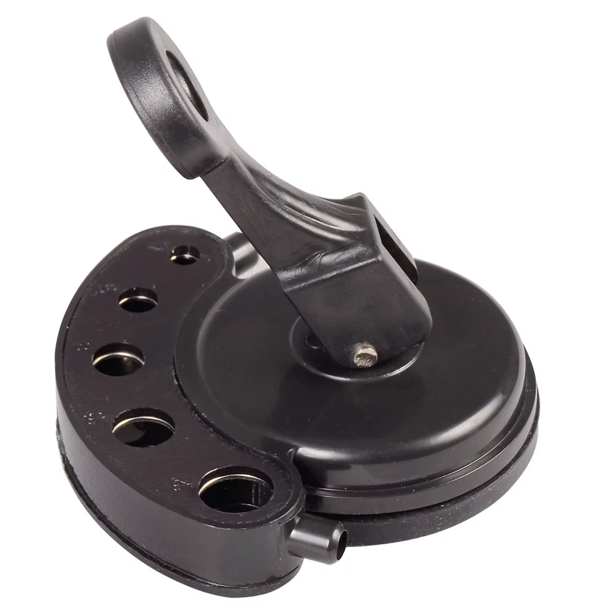 Zwarte zuignap met handvat, houder en rij gaten.