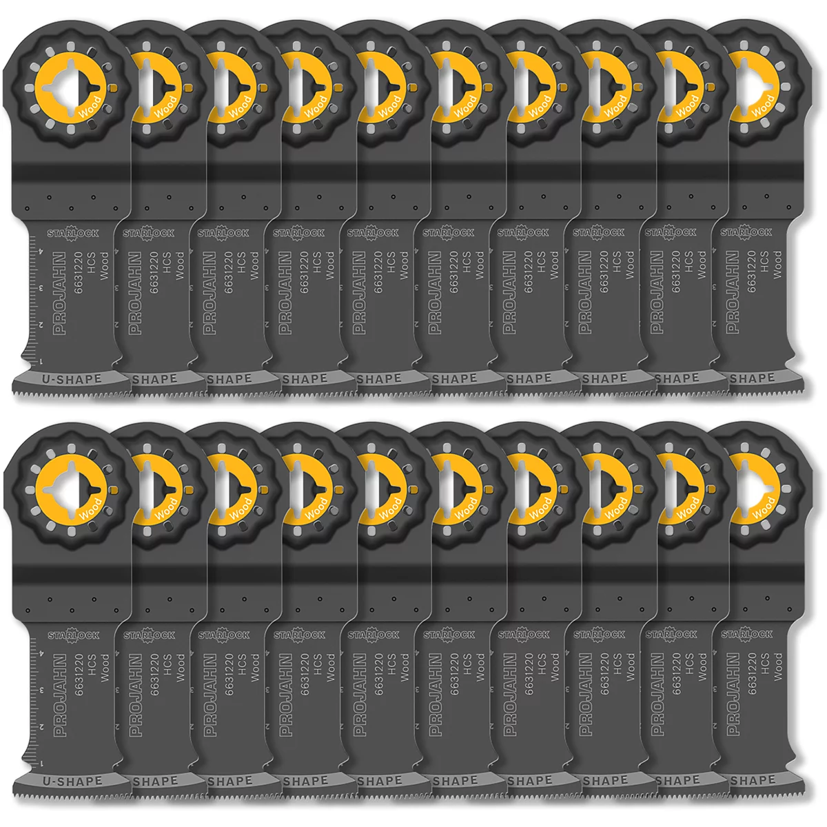 Mehrere Sägeblätter in Grau, Schwarz und Gelb, mit einem kreisförmigen gelben Zentrum.