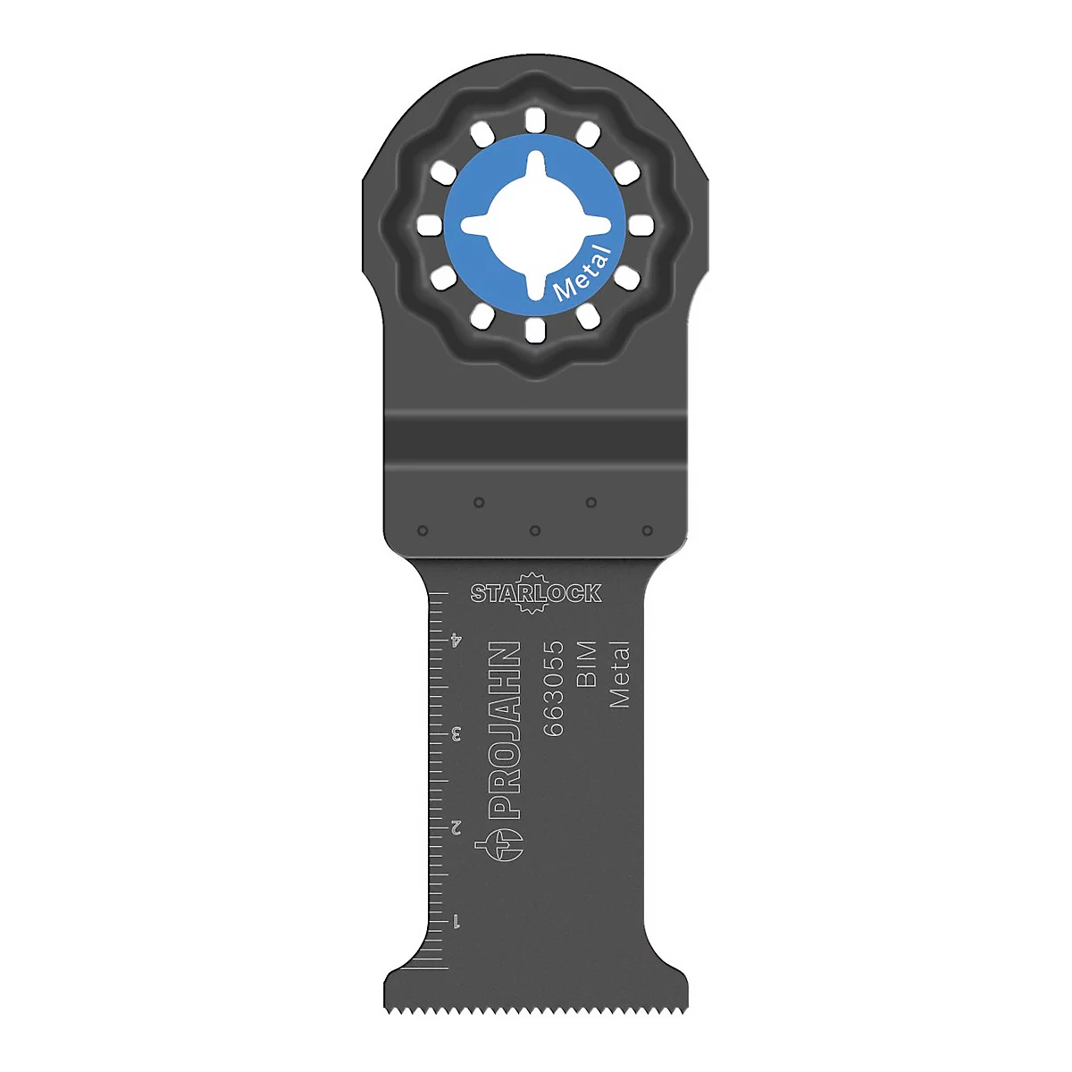 Metall-Sägeblatt. Graues Werkzeug mit blauem Kreis, auf dem „Metal“ steht. Zähne am Ende. Skala auf dem Schaft.
