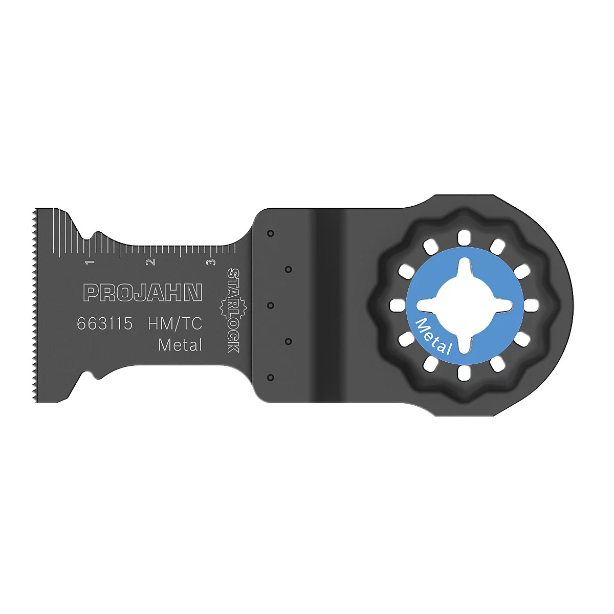 Metall-Sägeblatt. Graue Farbe mit der Aufschrift PROJAHN 663115 HM/TC Metal. In der Mitte hellblau mit der Aufschrift Metal.