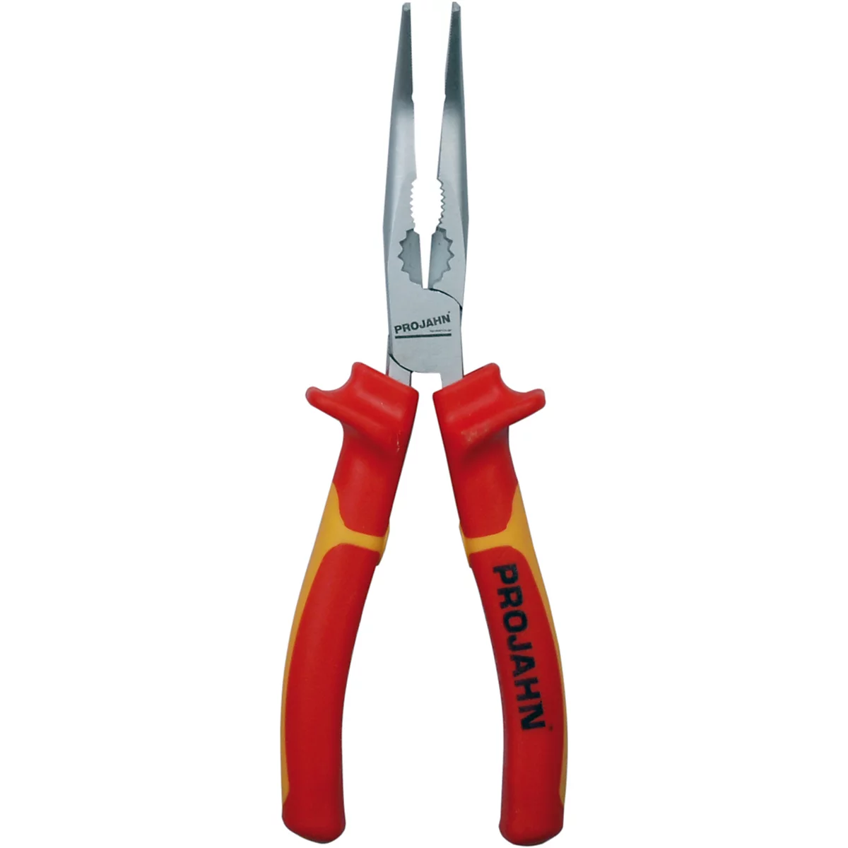 Nahaufnahme einer Spitzzange. Die Zange hat rote und gelbe Griffe und silberne Spitzen. Der Schriftzug "PROJAHN" ist auf den Griffen zu sehen.
