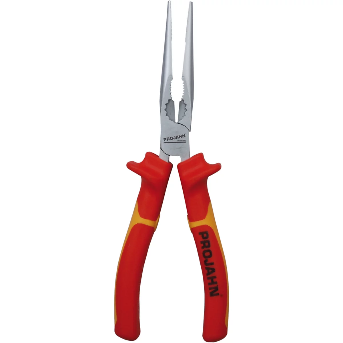 Nahaufnahme einer Spitzzange mit roten und gelben Griffen. Der Schriftzug "PRO JAHN" ist lesbar.