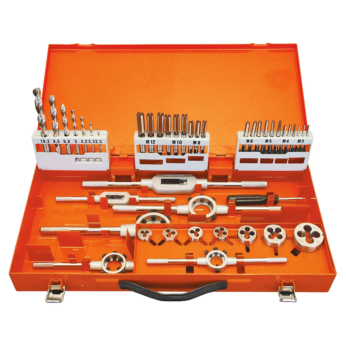 Toolbox with taps and drills. The tools are arranged in an orange case.