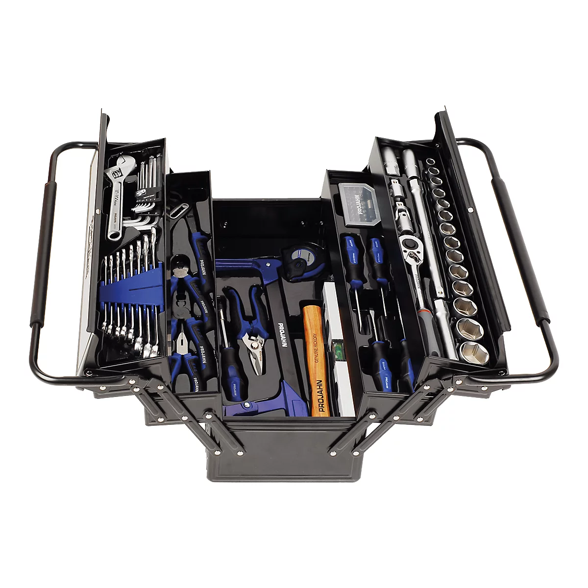 Black tool box with various tools, open. Includes wrenches, pliers, screwdrivers, hammer, etc.