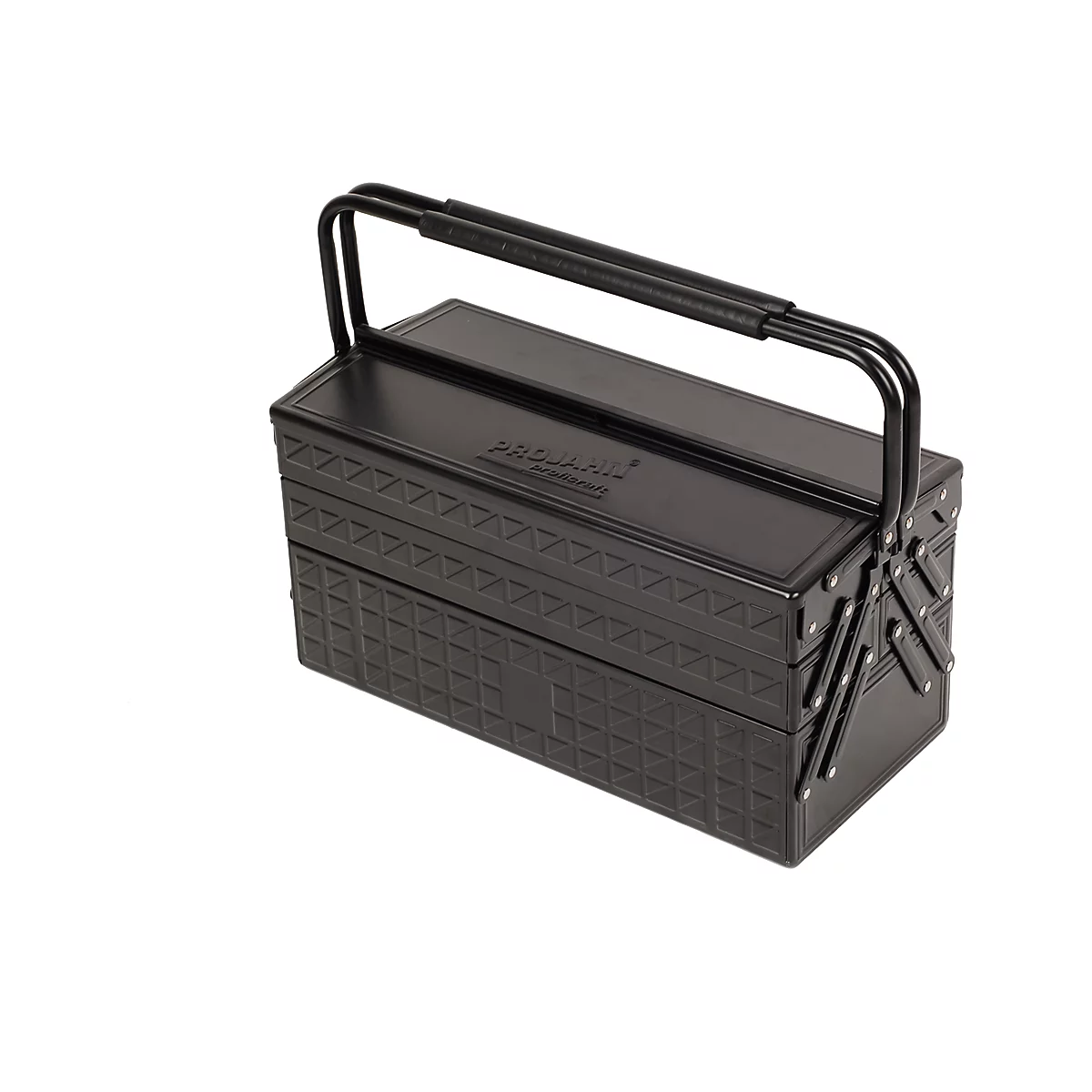 Black toolbox with handle. The box has compartments and the word "PROXXON" is engraved.