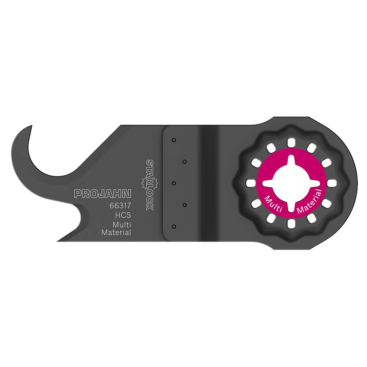 Schwarzes Sägeblatt mit pinkfarbenem Zentrum. Aufschrift: ProJahn, 66317, HCS, Multi Material.