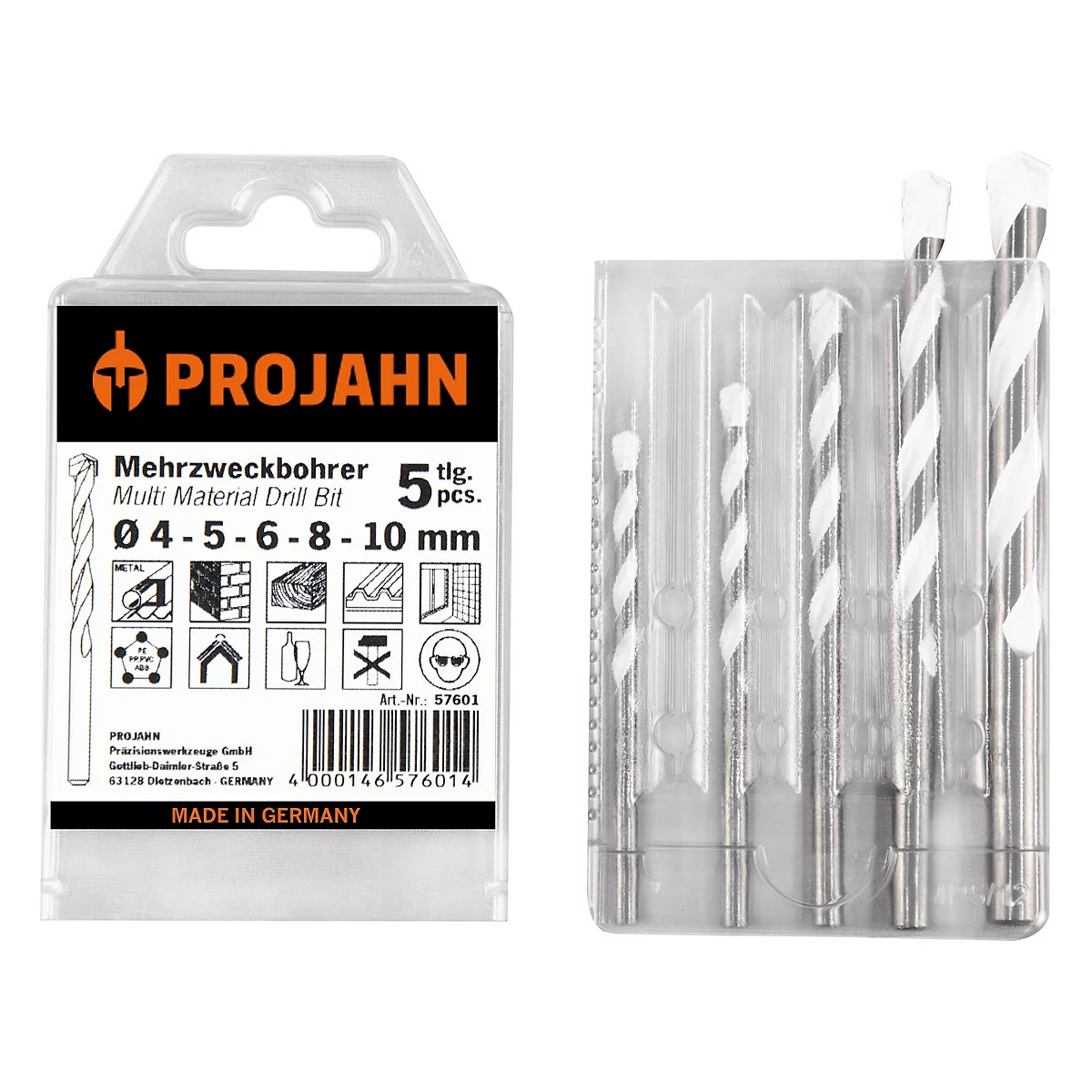 Set multi-materiaal boor in verpakking. Boren rechts, verpakking met productinformatie links.